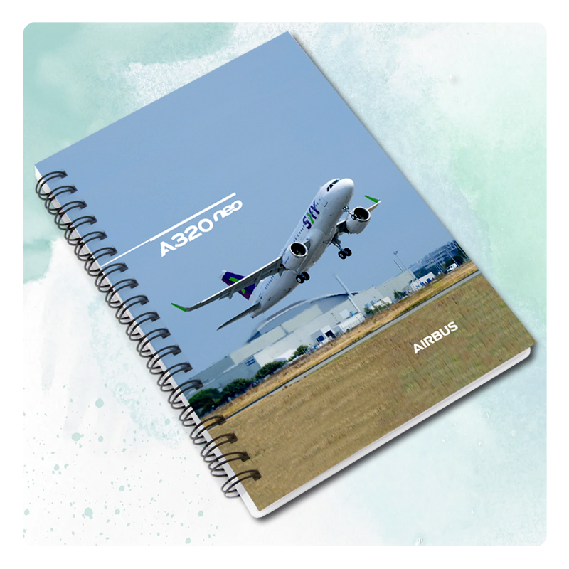 Cuaderno grande con carátula de airbus a320, libretas, agendas con motivos de aviación, aviones y helicópteros