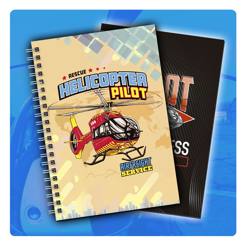 Cuadernos, libretas, agendas con motivos de aviación para pilotos de aviones y de helicópteros