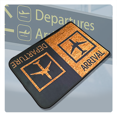 Tapete departure arrival, salidas y llegadas de vuelos como señal de aeropuerto. Diseño de aviones, aviación