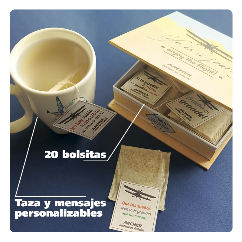 Kit de taza, pocillo, sobres de agua aromática o té con mensajes personalizados de aviación para pilotos, Mugs, pocillos, tazas con motivos de aviones y helicópteros. Regalos con temática de aviación