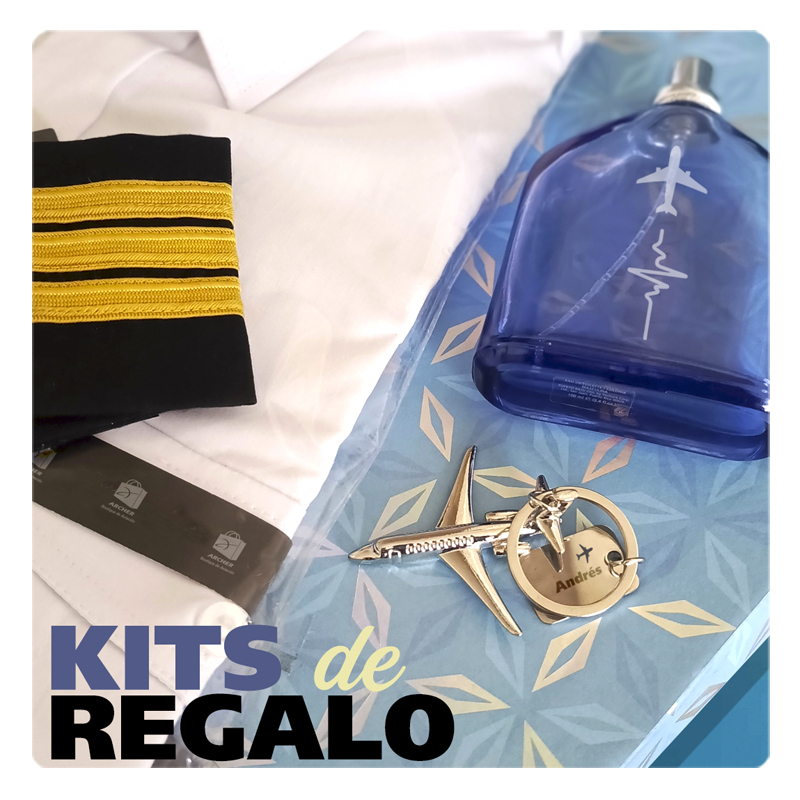 kit camisa piloto con presillas y perfume y llavero avión