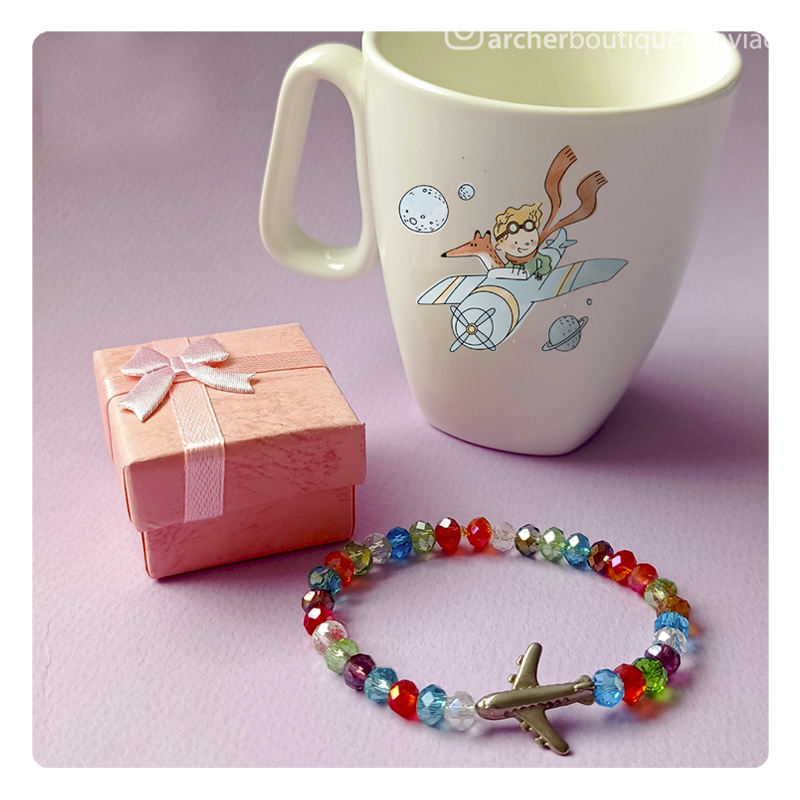 Pocillo el principito piloto aviador con pulsera en murano y dije de avión. Regalos aviones. 