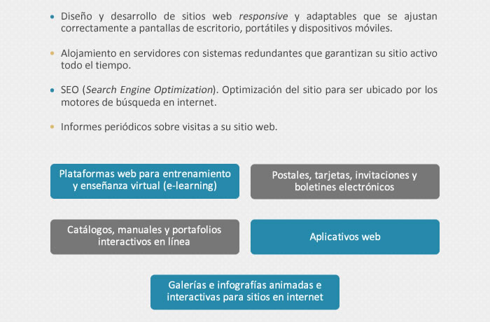 Plataformas web para entrenamiento y enseñanza virtual (e-learning), Postales, tarjetas, invitaciones y boletines electrónicos, Catálogos, manuales y portafolios interactivos en línea, Aplicativos web, Galerías e infografías animadas e interactivas para sitios en internet