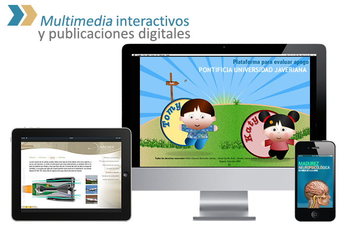 Plataformas web para entrenamiento y enseñanza virtual (e-learning), Postales, tarjetas, invitaciones y boletines electrónicos, Catálogos, manuales y portafolios interactivos en línea, Aplicativos web, Galerías e infografías animadas e interactivas para sitios en internet. diseño multimedia y presentaciones interactivos, apliiaciones móviles y publicaciones digitales, edición de audio y video, e-learning y aplicativos de capacitación virtual especializados en escuelas y temas de aviación